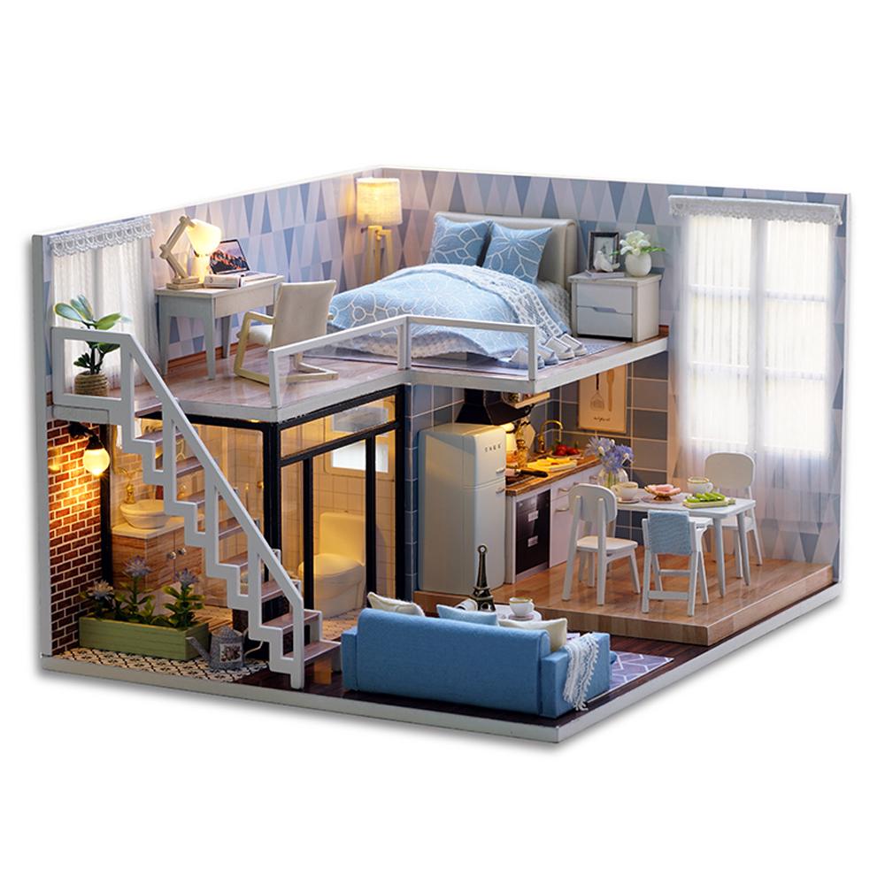 DIY Miniature Loft Dollhouse Kit Lifelike Mini 3D Wooden House Room Handmade Toy with Furniture LED