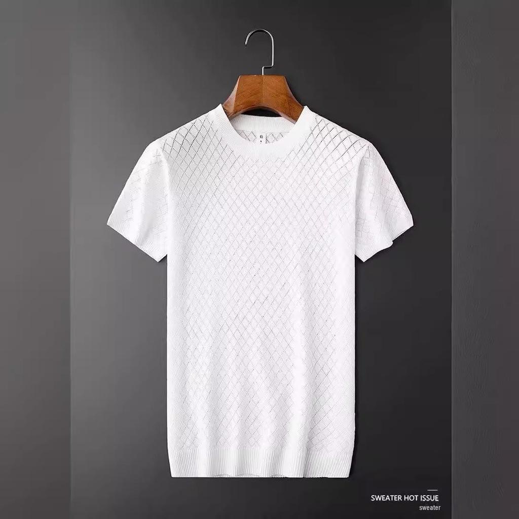 Мужской топ Ice Silk с V-образным вырезом и полым вырезом: Крутой, тонкий, большого размера, вязаный свитер с короткими рукавами