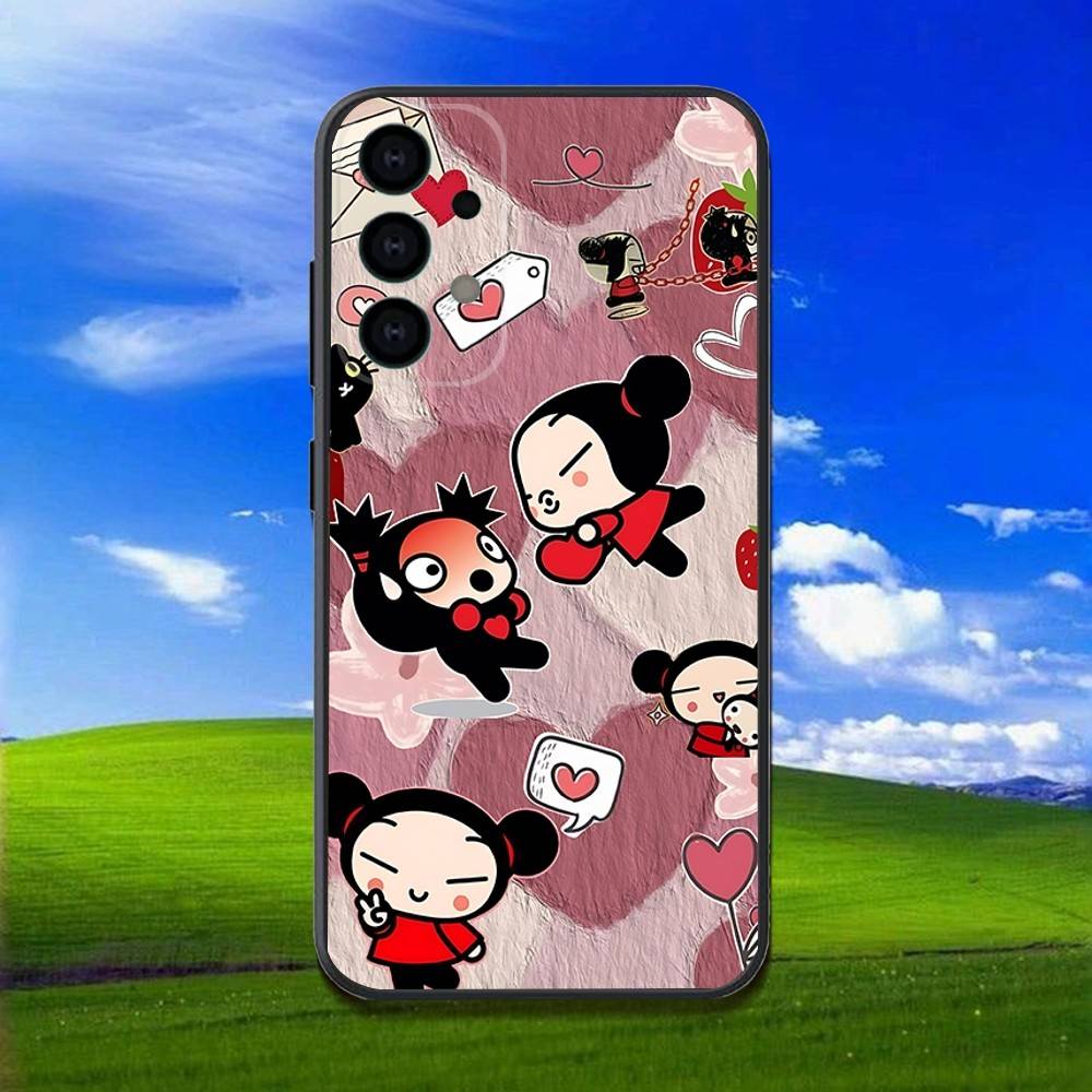P-Pucca Cute Love Phone Case For Samsung Galaxy A13,A21s,A22,A31,A32,A52,A53,A71,A80,Soft Black Shell