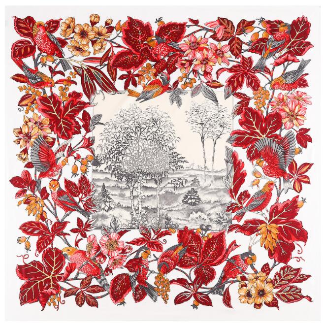 130cm*130cm High Quality Large Square Scarves Shawls Luxury Brand Bohemian Flowers and Birds Twill Silk Scarf For Women Headband