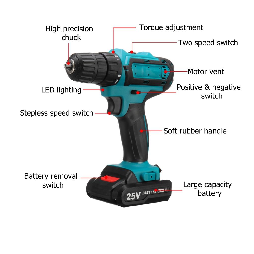 Brushless Cordless Electric Drill Screwdriver Set Double Speed 18+1Torque LED Lighting Rechargeable 1/2PCS Battery