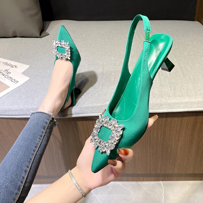 Fashion Sandals Women 2024 Summer New Square Buckle Thin Heel  Diamond Pointed Shallow Mouth High Heel Single Shoes for Women