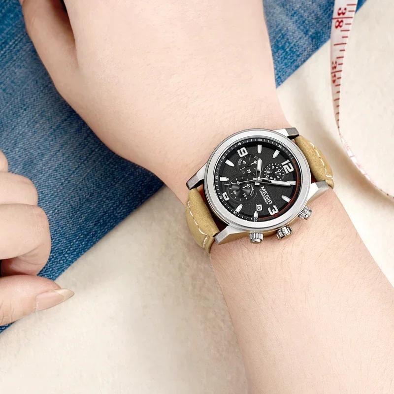 Повседневные спортивные часы-хронограф с кожаным ремешком, кварцевые наручные часы, водонепроницаемые, календарь, мужские деловые часы