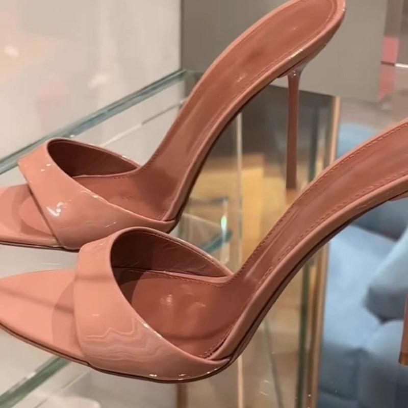 Лето Новая Патентная Кожа Открытый Носок Набор Стопы Нескользящие Износостойкие Шлепанцы Женские Сексуальные Острые На Одной Линии Высокие Каблуки