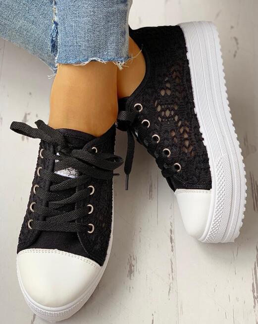 2024 Women Shoes Fashion Summer Casual White Shoes Cutouts Lace Canvas Hollow Breathable Platform Flat Shoes Woman Sneakers