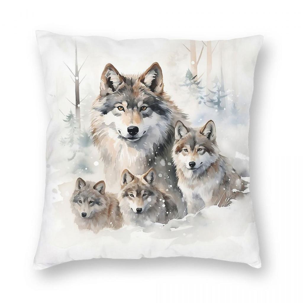 Wolf Family Winter Forest Square Pillowcase Polyester Linen Velvet Creative Zip Decor Home Cushion Cover