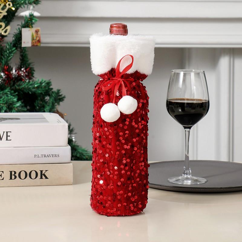 Christmas Wine Bottle Cover Decorative Sleeve With Sequins Pom Holiday Table Setting