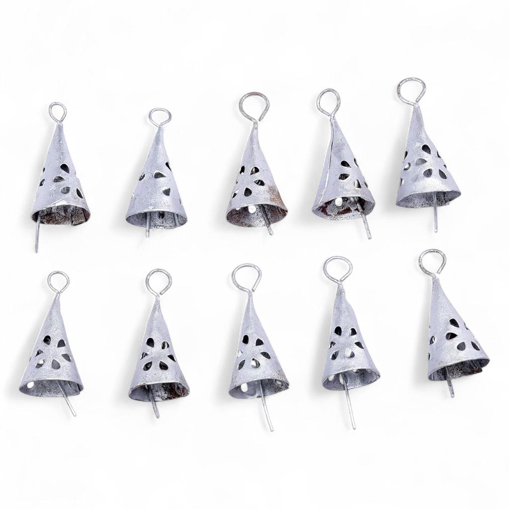 Handmade Silver Bells Set of 10 Antique Metal Cowbells Christmas Tree Ornaments Rustic Garlands Indian Hanging Bells DIY Crafts Decor