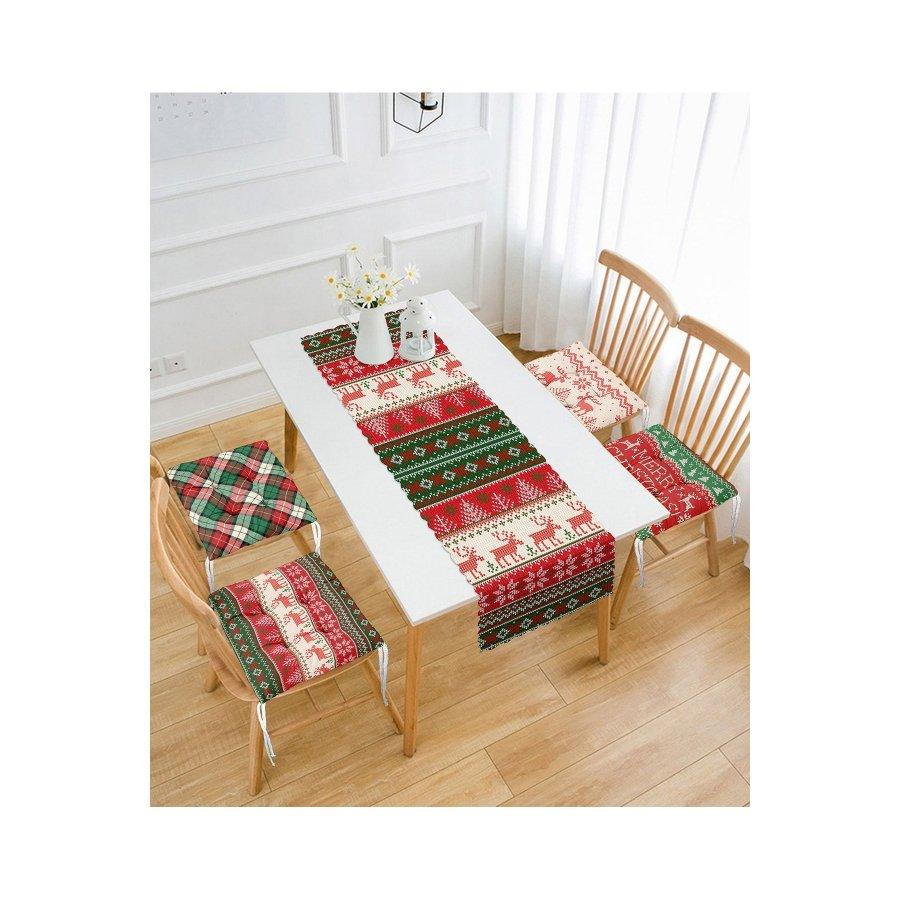 Набор подушек для стула с новогодним тематическим принтом оленя / 4 квадратных подушки для стула 40×40 см и 1 дорожка