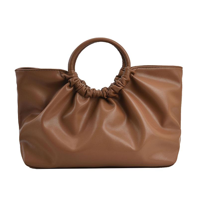 Vintage Stylish Casual Tote Bags for Women Soft Leather Round Handle Pleated Designer Handbags Oversized Shoulder Shopper