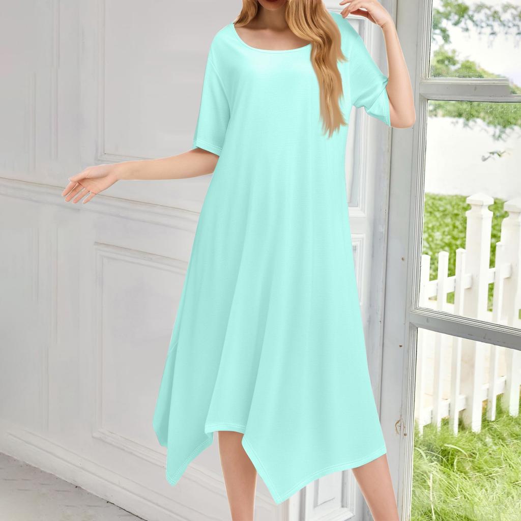 Женское повседневное модное платье миди с круглым вырезом и коротким рукавом, однотонное, с неровным подолом