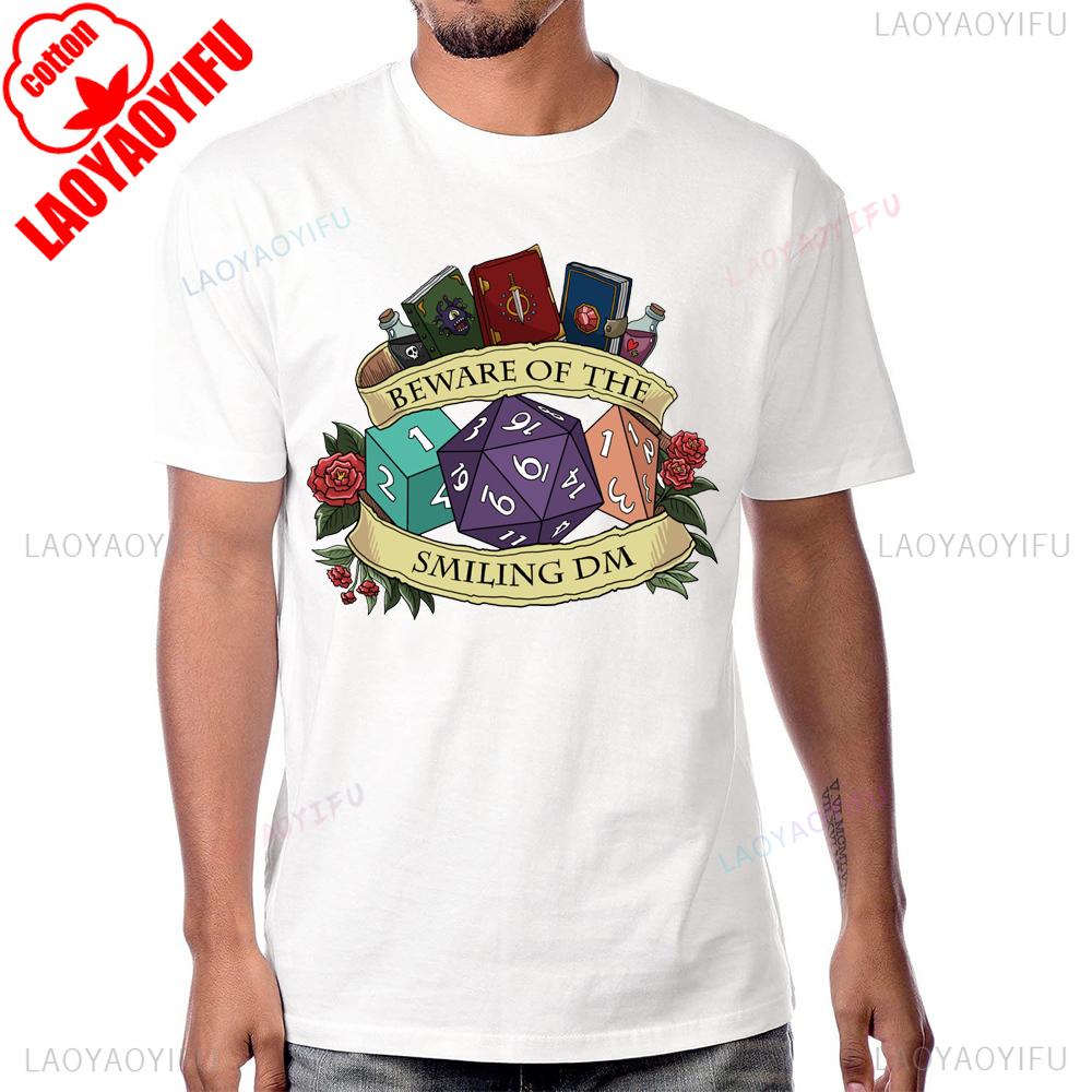 Beware of The Smiling DM Funny Dice Explore Dungeons DnD Graphic Printed T Shirt Cotton Short Sleeve Streetwear Hip Hop Tshirt
