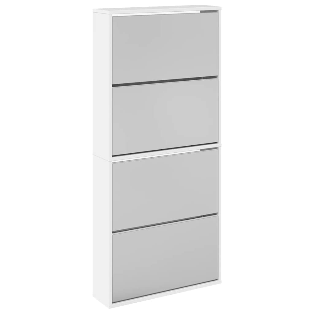Shoe Cabinet with Mirror 4 Flip Down Compartments High Gloss White 63 x 17 x 134 cm
