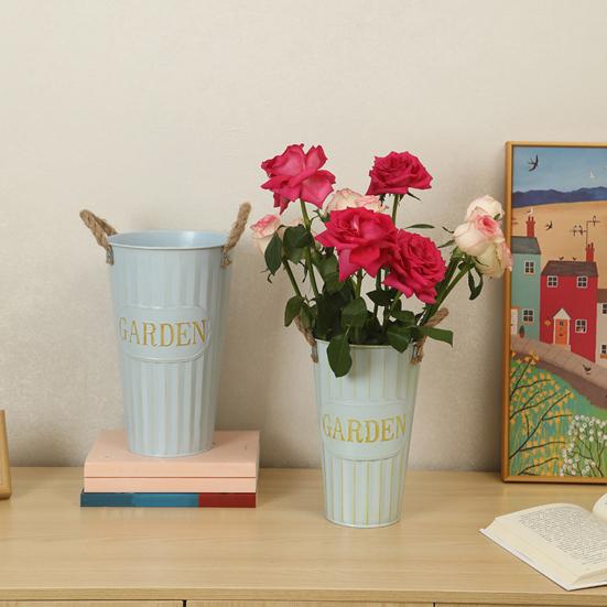 Глубокое ведро-ваза Оцинкованное железное ведро для цветов с веревочными ручками Ретро фермерская ваза для домашней цветочной композиции