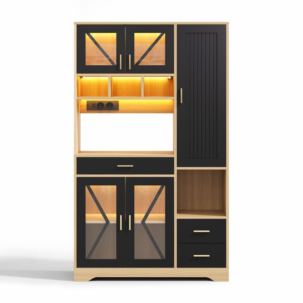 Kitchen Cabinet in Barn Style, Storage and Display Cabinet with Adjustable Shelves, Drawer, Color-Changing LED and Sockets, 185 × 105 × 40 cm.