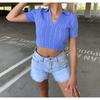 Summer Women Fashion Knitted Crop Top Slim Short Sleeve Solid Color T-shirt
