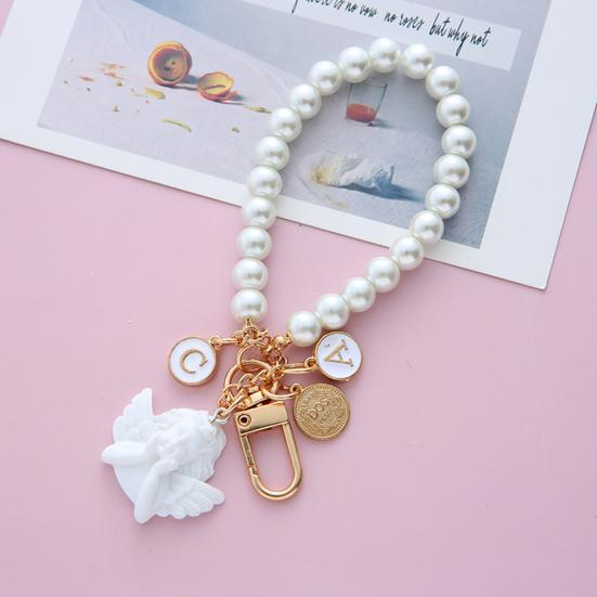 Keychain Pendant Faux Pearl Luxury Angel Letter Round Tag Stainless Alloy Exquisite Anti-lost Shoulder Bag Schoolbag Decoration Pendant Key Holder