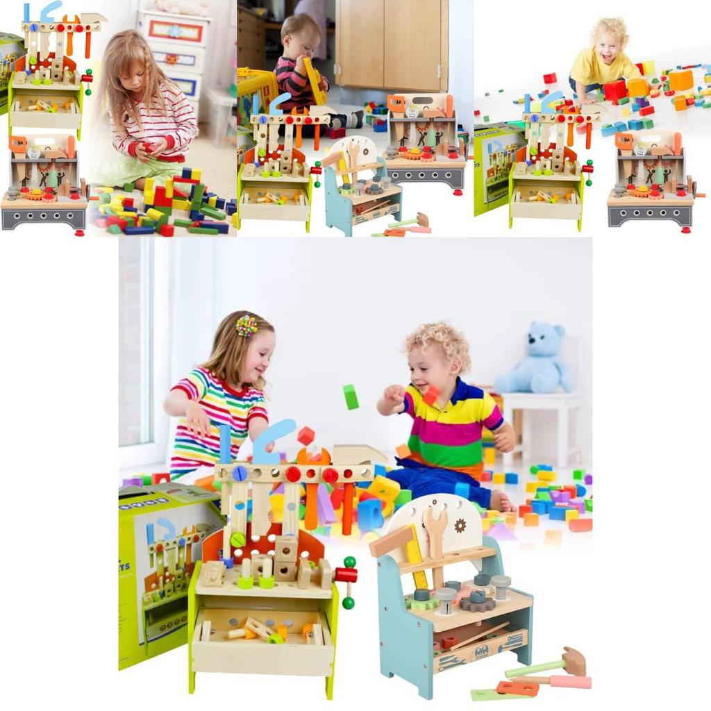 Красочный Деревянный Верстак с Инструментами Интерактивная Развивающая Игрушка для Детей 4-6 лет
