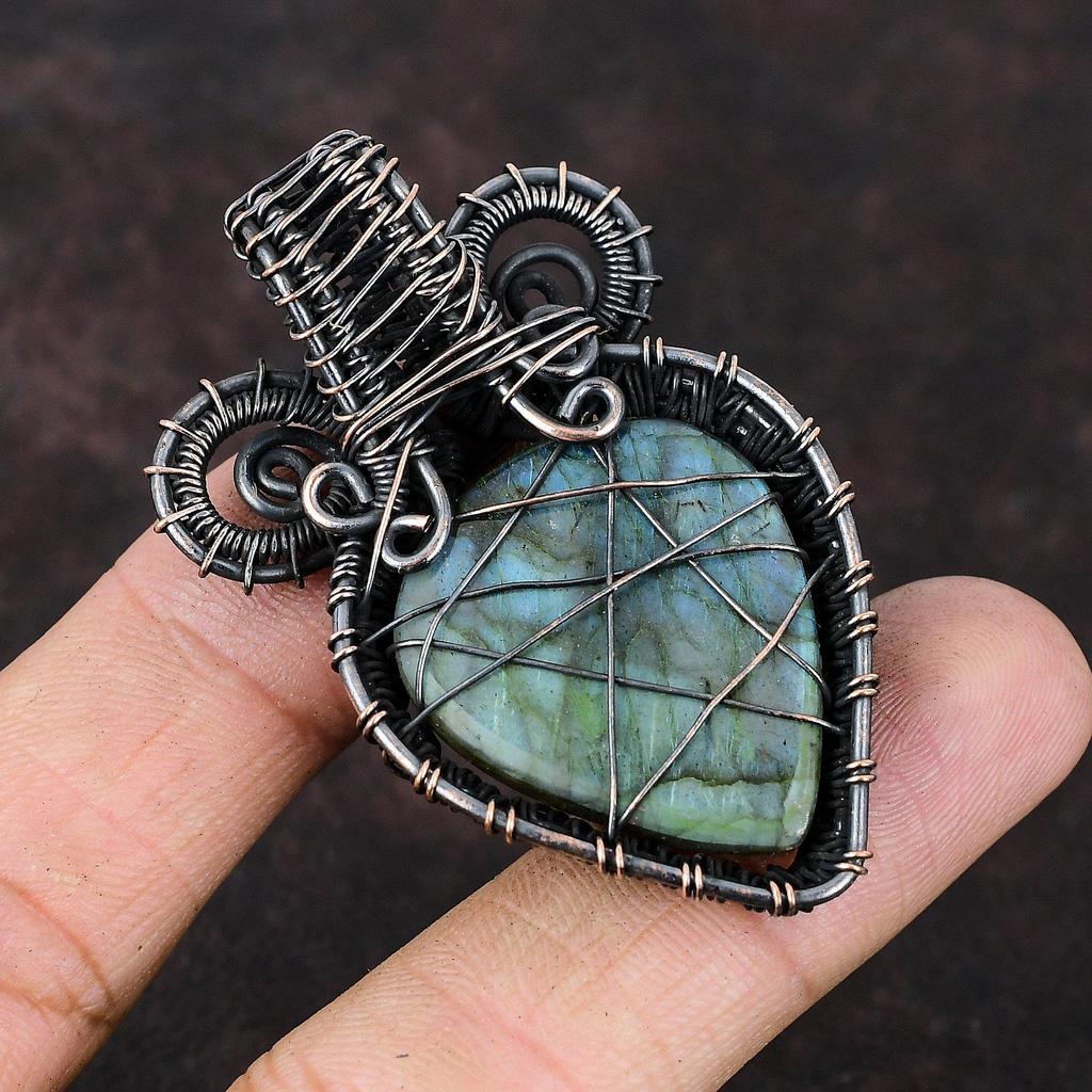 Подвеска из лабрадорита с драгоценным камнем, медная проволока, кулон, медные украшения, кулон ручной работы, подарок на годовщину, кулон из лабрадорита, ювелирные изделия из проволоки