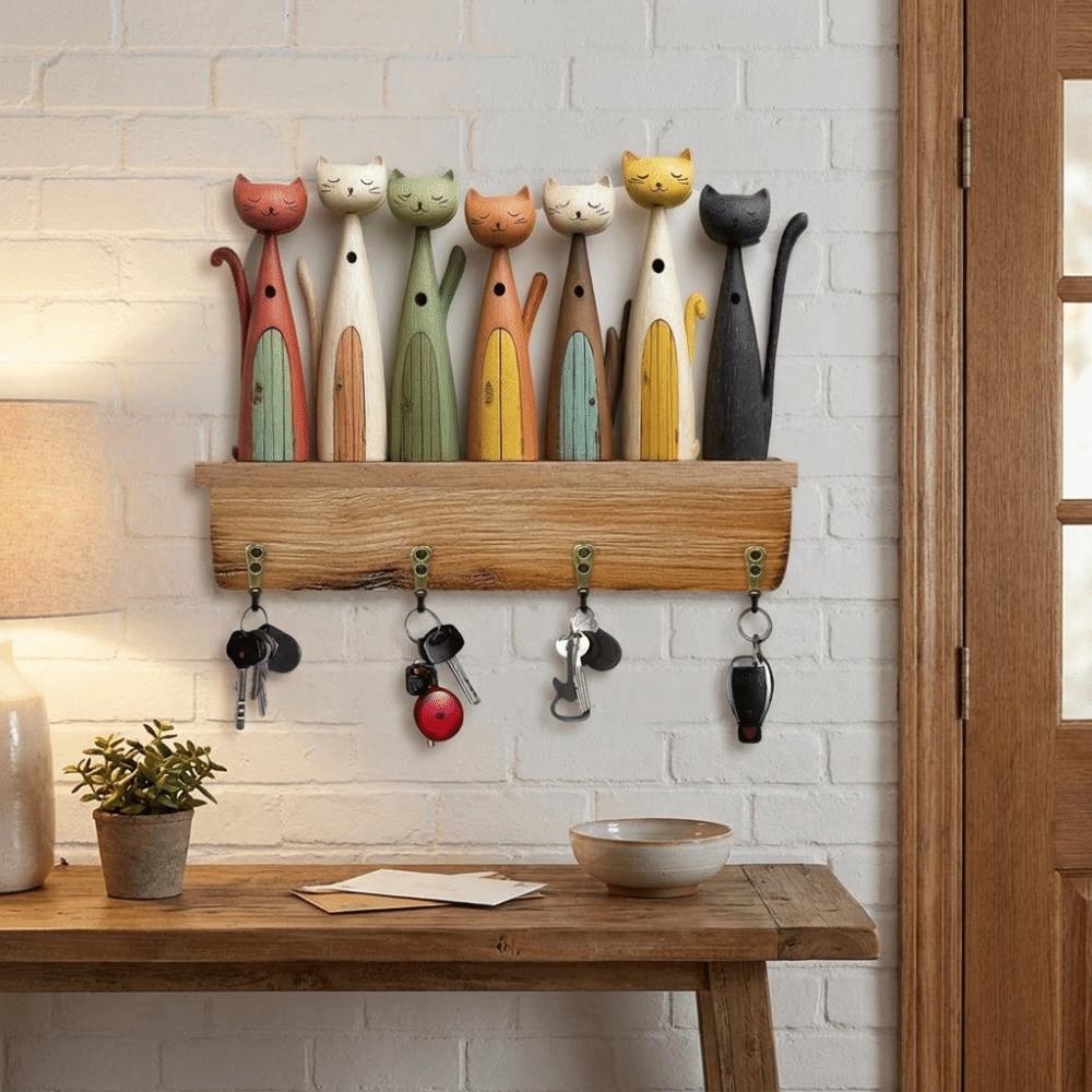 Colorful Cat Wooden Key Hanger Retro Design with 4 Hooks Animal Key Holder 2D Flat Wall-Mounted Key Holder Bedroom