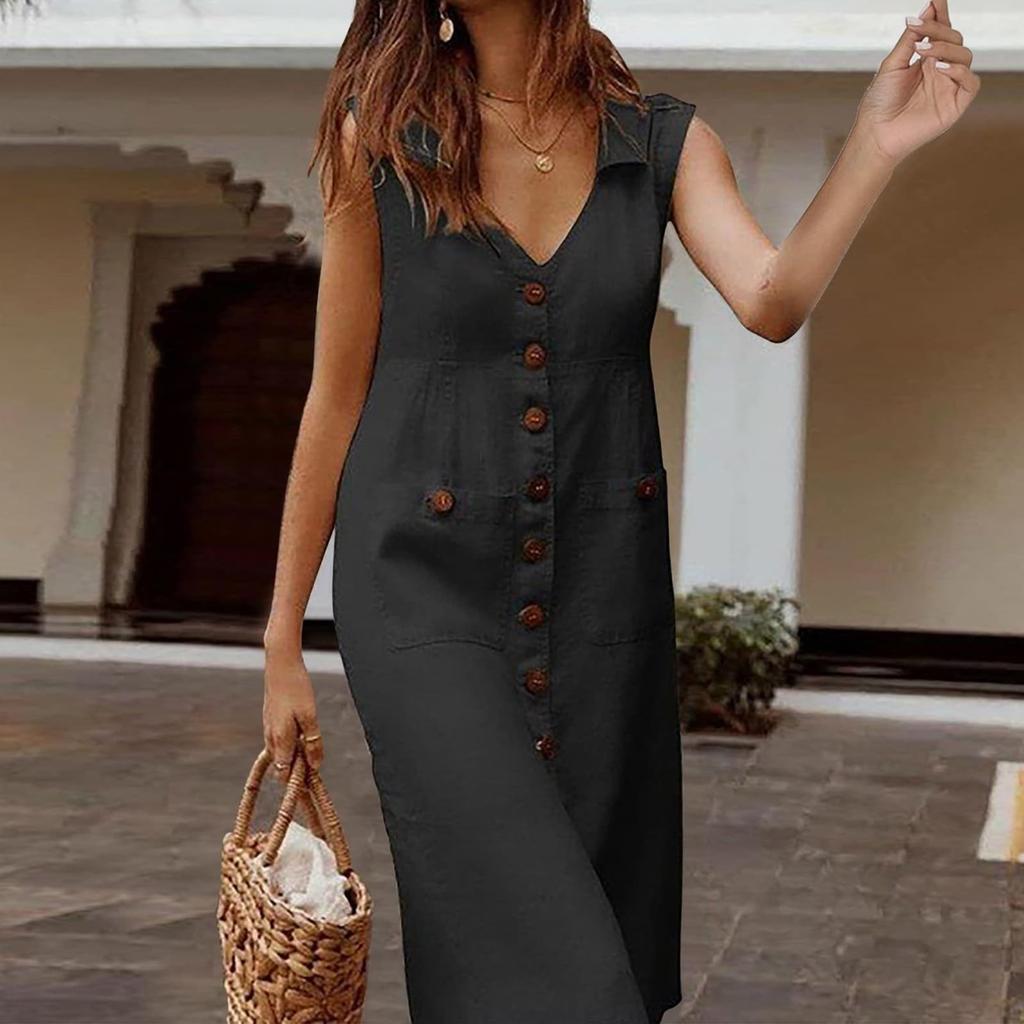 Women's Casual Summer Business Work V-Neck Sleeveless Button-Up Shirt Midi Dress With Pockets Dress