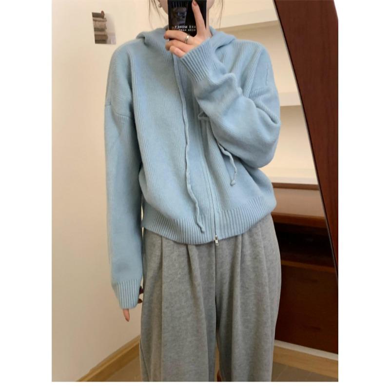 Однотонный вязаный кардиган с капюшоном на двойной молнии, женский осенне-зимний, новый, свободный, повседневный, простой свитер-куртка
