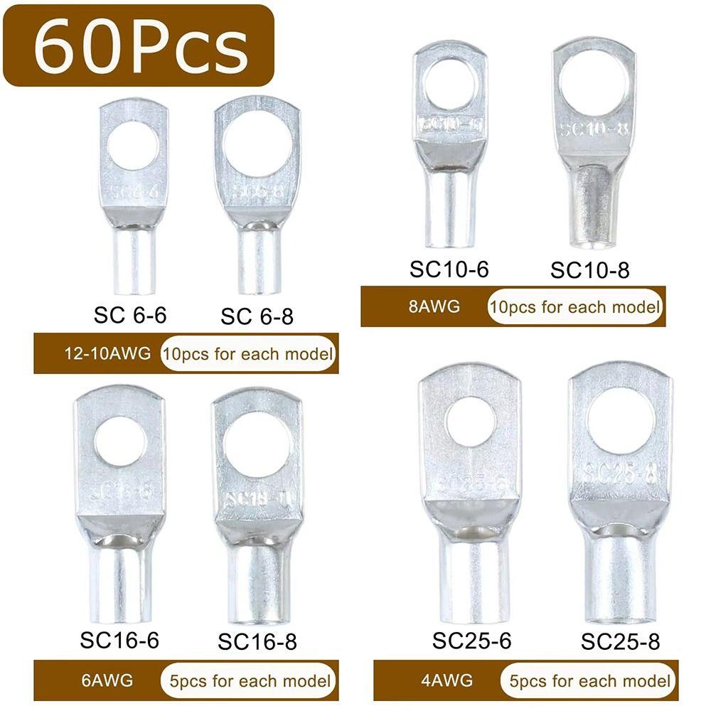 60Pcs SC Type Wire Nose Terminal Crimp SC16-6 SC25-6 SC35-6 Tinned Copper Cable Connector Kit 6mm 8mm 10mm 16-35mm2 Lugs Ring