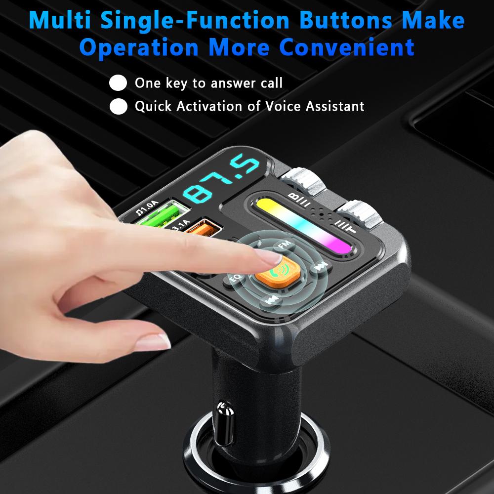 Wireless Car MP3 Player,FM Transmitter,USB/PD 3.1A Fast Charging,Hi-Fi Audio, Music Light Bar,Double Roller Design,Car Charger
