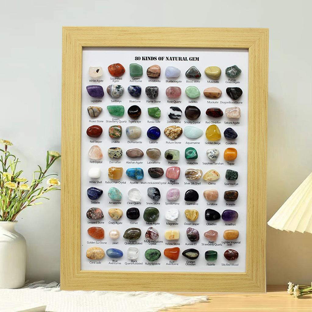 80 Natural Gemstones Collection Crystal Ore Exhibit Set Collectible Gems In Wooden Frame Educational Gift for Kids Gem Lovers