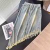 Women's Retro High Waist Denim Midi Skirt with Tassel and Irregular A-line Slit Design