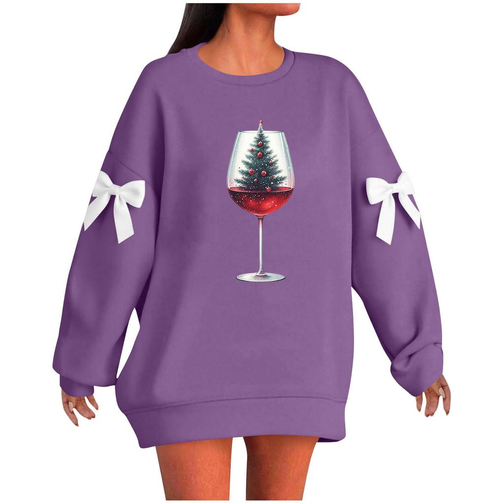 Ladies' Christmas Printed Bow Round Neck Long Sleeved Loose Pullover Sweater Sweatshirt Top