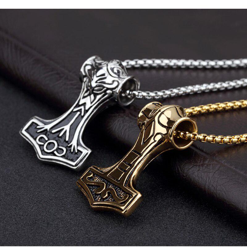 Мужское ожерелье с подвеской «Молот Тора» из скандинавской мифологии из серебра и золота