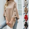 Women Sweater Tops High Collar Solid Color Cape Style Sweater Coat Button Decoration Loose Fit Casual Commuting Knitting Top