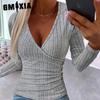 Women's Fashion Casual Summer Solid Color Print Long Sleeve V-Neck Blouses & Shirts