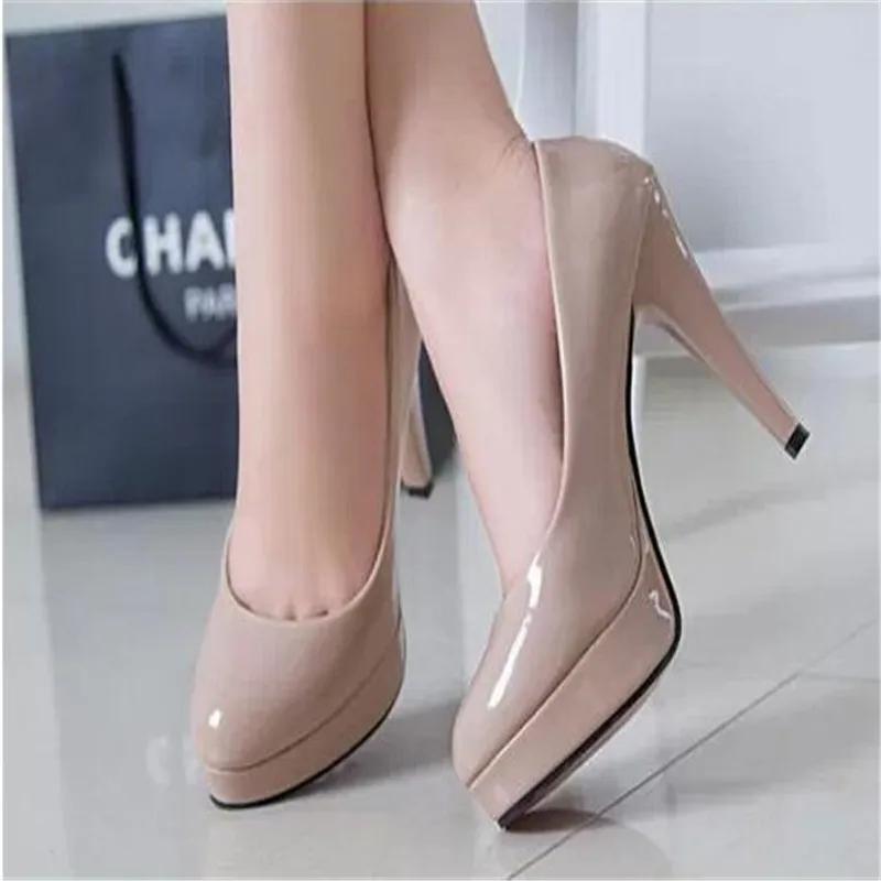 Women Pumps Fashion Classic Patent Leather High Heels Shoes Nud Head Paltform Wedding Women Dress Shoes Plus Size 34-42
