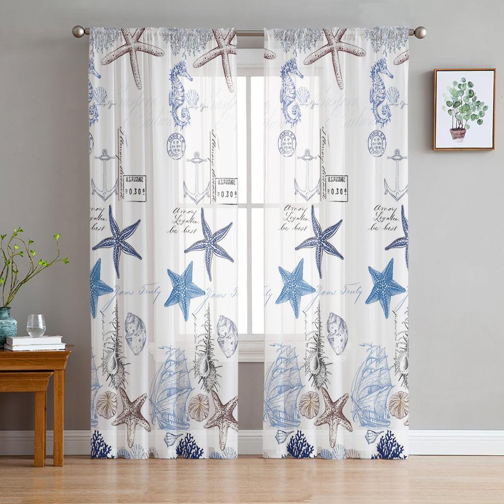 Морское животное Морской конёк Морская водоросль Компас Тюлевая занавеска Вуаль Прозрачная для Спальни Гостиной Кухни Полупрозрачные Занавески для Окна
