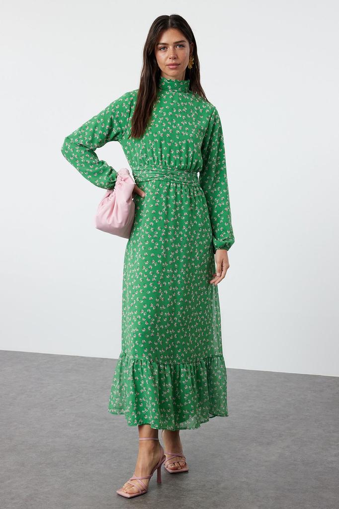 Женское стильное платье-хиджаб с зеленым цветочным принтом, высоким воротником и талией, на подкладке, шифоновое тканое платье