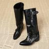 Retro Thick Heel But Knee Boots Women's Autumn and Winter New Versatile Metal Buckle Round Head Boots