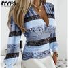 Women's Fashion Casual Spring Fall Stripe Print Long Sleeve V-Neck Blouses & Shirts