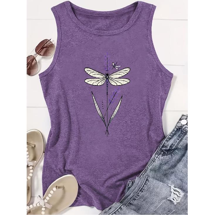 Elegant Vest for Women Dragonfly Lavender Line Print Casual Loose Summer Vest Fashionable, fresh, natural-style tops suitable for commuting,