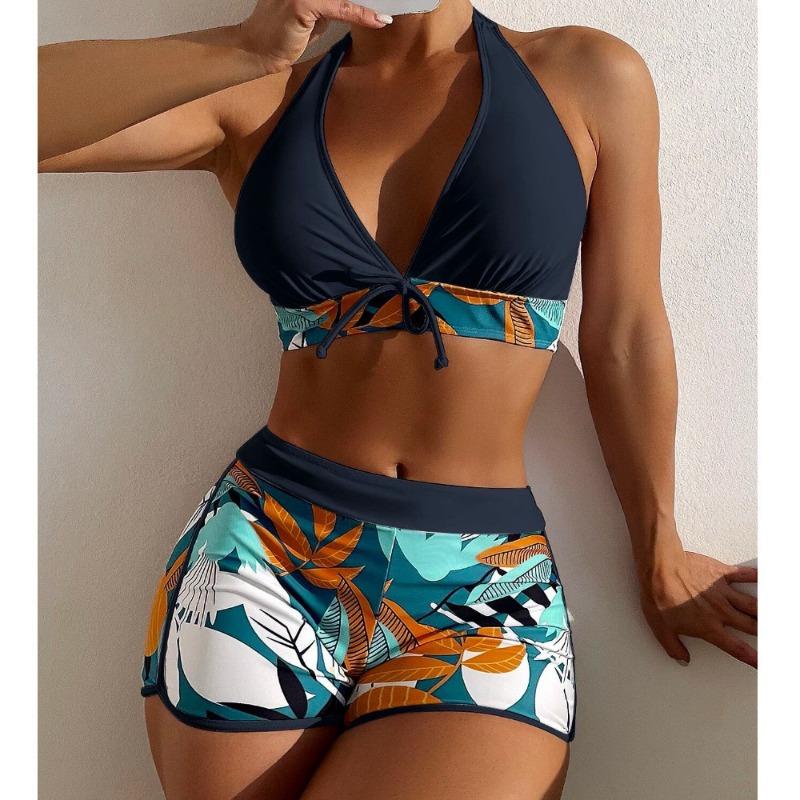 Fashion printed swimsuit new large size women's neck high waist flat angle conservative beach swimsuit