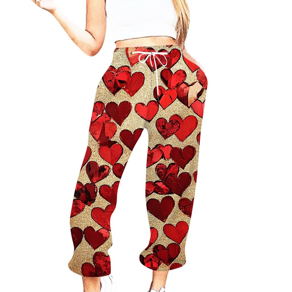 Женская повседневная мода День святого Валентина Повседневные брюки с принтом Спортивные брюки Брюки с эластичной резинкой на талии со шнурком Брюки со шнурком