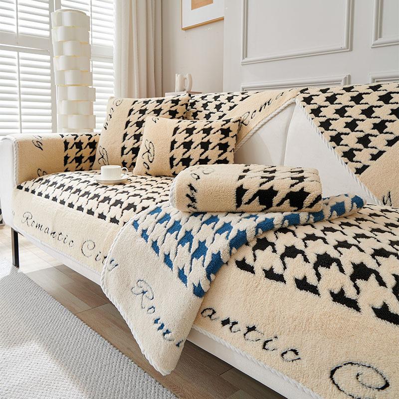 Осенне-зимняя плюшевая подушка для дивана, современный простой нескользящий кожаный чехол для дивана, модный универсальный чехол для дивана с рисунком «гусиные лапки», тканевое полотенце