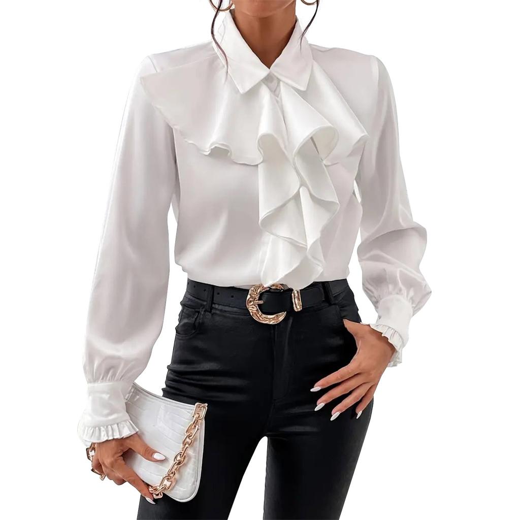 Women's Loose Casual Solid Color Ruffle Edge Shirt Long Sleeved Shirt Fashionable Shirt