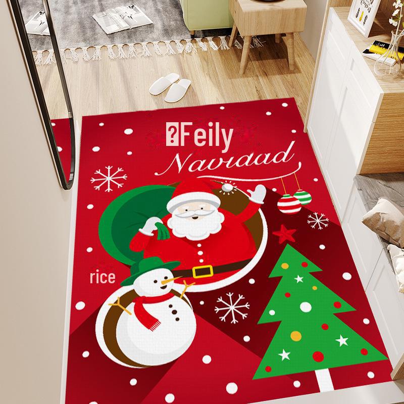 Red Coral Fleece Christmas Floor Mat with Santa Claus and Tree Design
