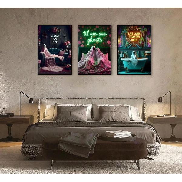 3Pcs Halloween Neon Bathroom Wall Art Tropical Ghost Dying To Relax Painting Picture Wall Decor Fashion Funny Gothic Ghost Toaster Poster Print