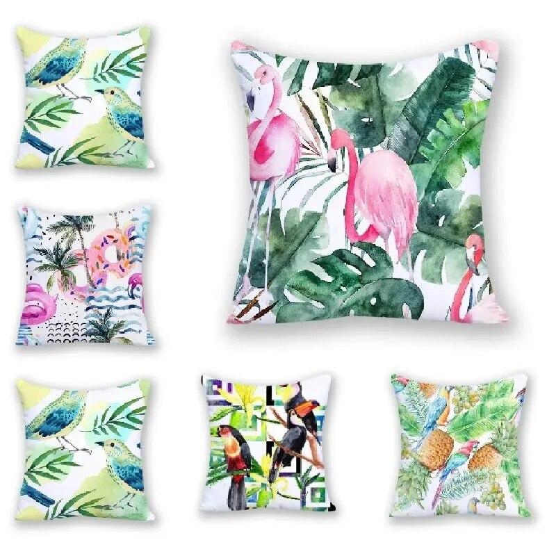 Bird Cushion Cover Tropical Home Decor Square Cartoon Flamingo Plant Decorative Pillow