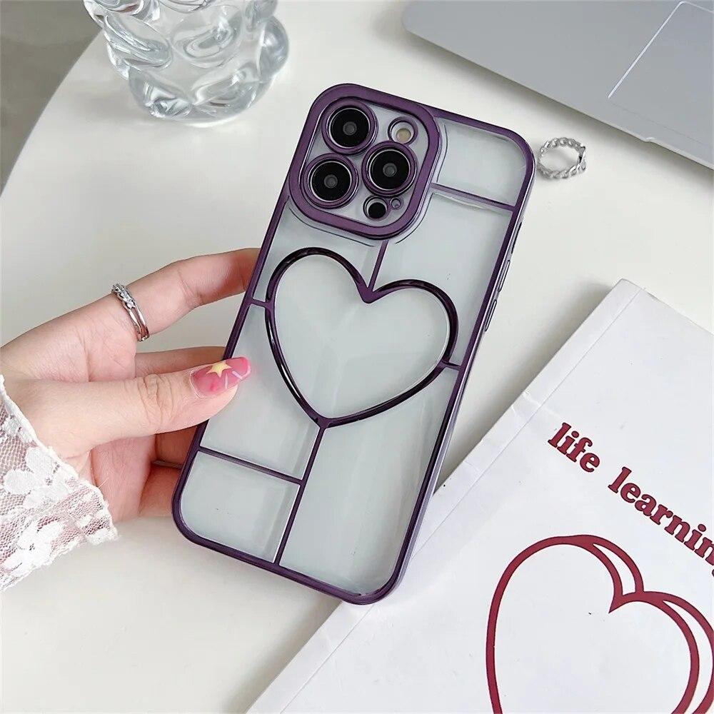 Роскошный чехол для телефона с гальваническим покрытием Love Heart для iPhone 11, чехол для iPhone 13 12 14 15 Pro Max 14 15 Plus, противоударный бампер, прозрачный чехол