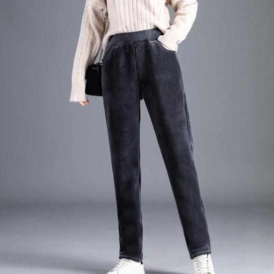 Прямые вельветовые брюки с высокой талией, эластичным поясом и карманами, женские осенне-зимние однотонные брюки на флисовой подкладке