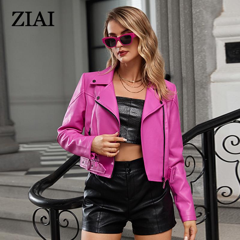 ziai Короткая куртка из искусственной кожи для женщин с косой молнией и лацканами, свободный водонепроницаемый плащ, модное уличное пальто из искусственной кожи ZP-23812